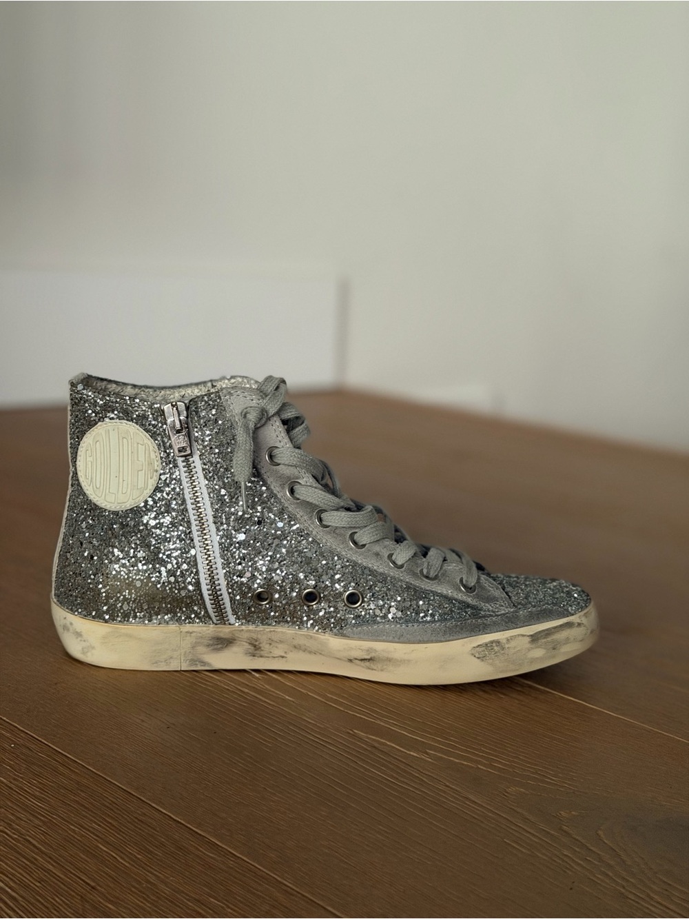 Golden Goose Silver Glitter High-Top Francy Sneakers Size 39 - Picture 4 of 4